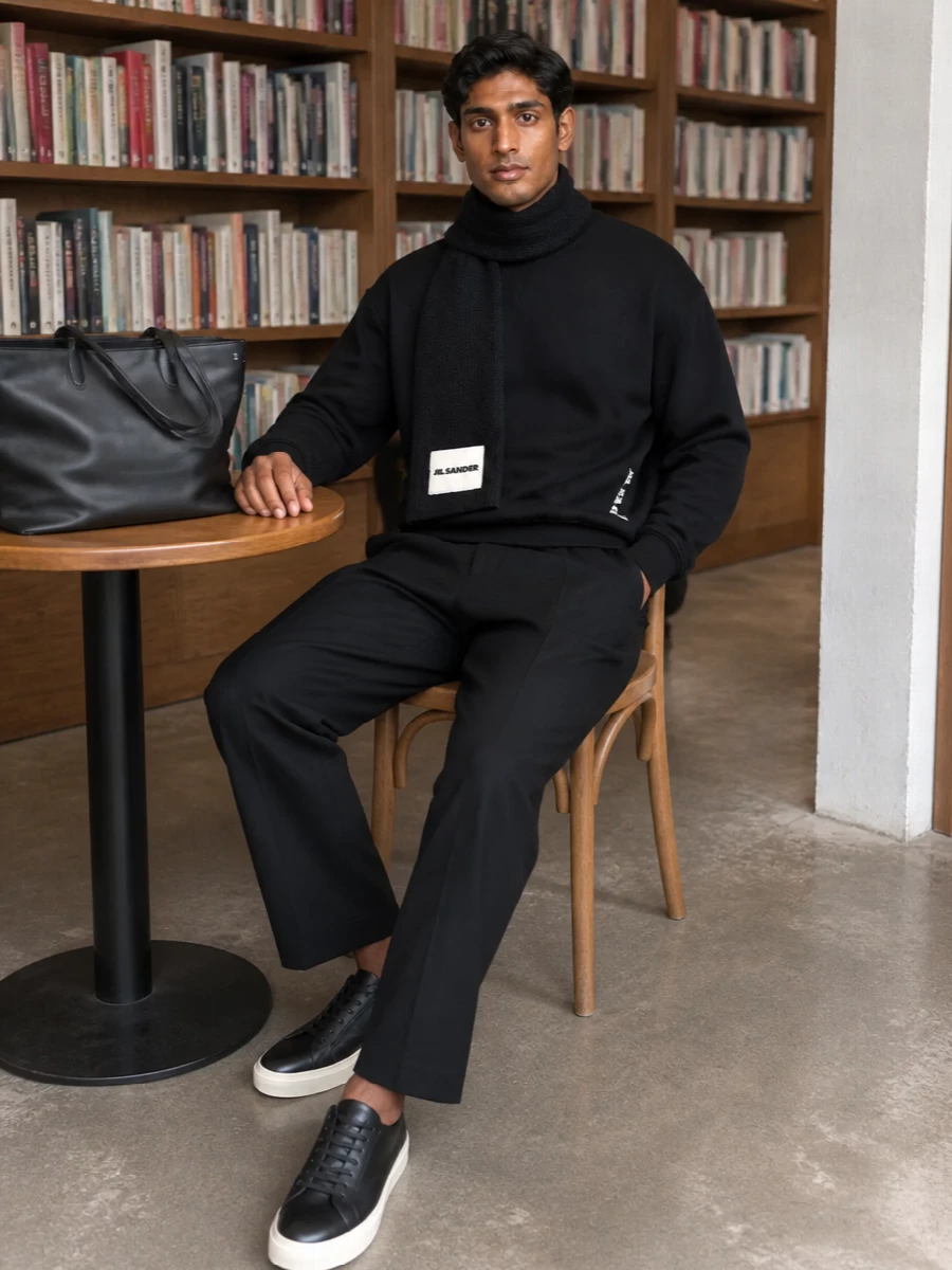 Jil sander black sweatshirt tailored trouser outfit