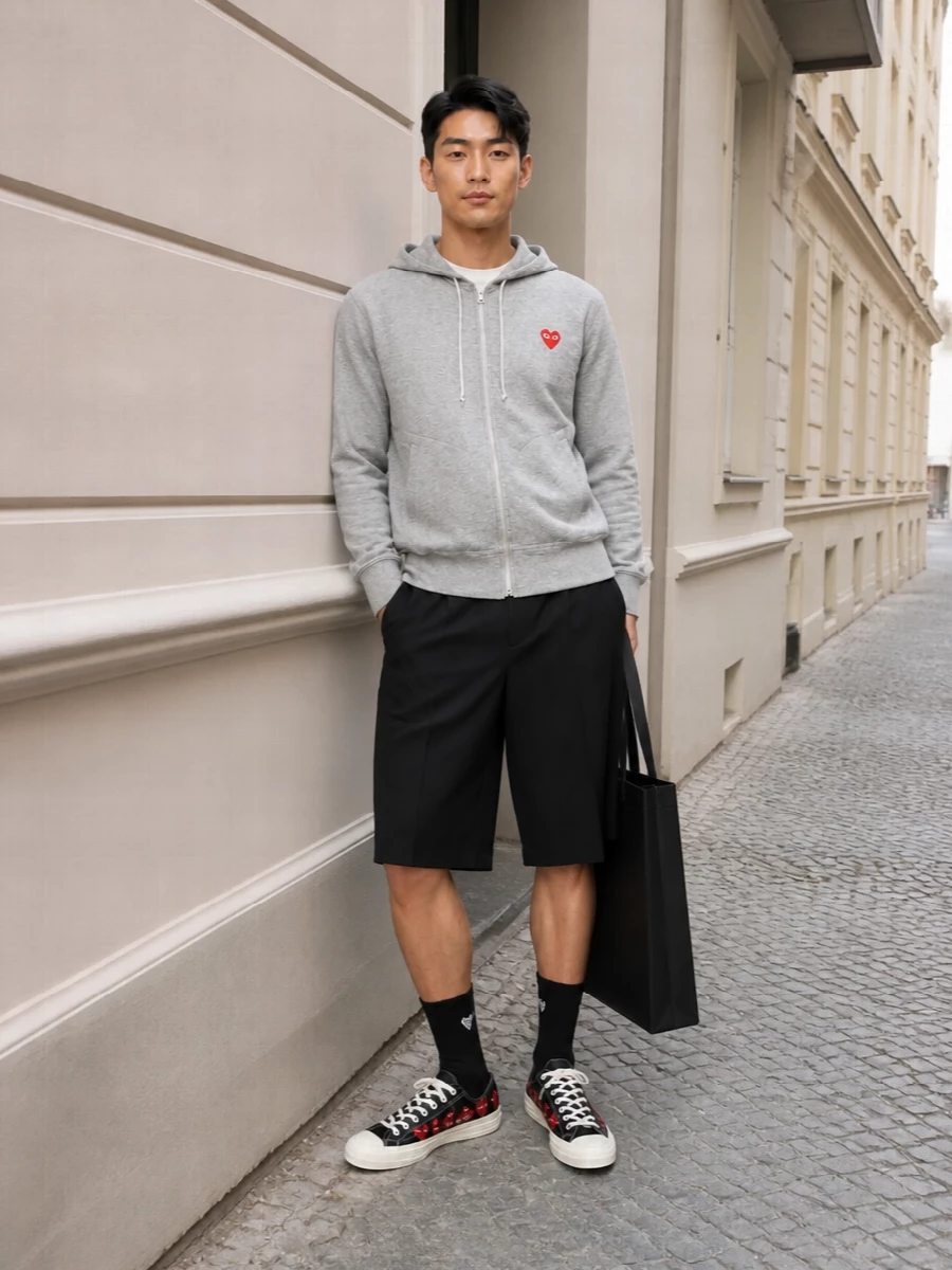Comme des garcons play hoodie black tailored shorts