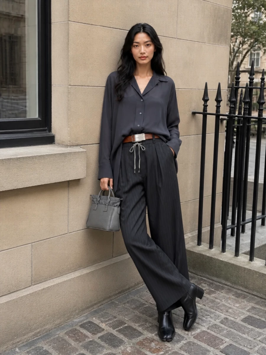 Charcoal pinstripe tailoring is grounded with an equally fluid draped shirt, keeping the silhouette long, relaxed and quietly sharp. A low black ankle boot and structured grey mini tote refine the ease without tipping into severity. The reversible belt is there to define the waist when you want more structure, or disappear when you prefer the drawstring’s nonchalance.