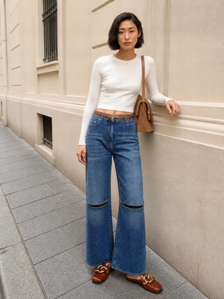 Jw anderson wide leg jeans cropped top suede bag