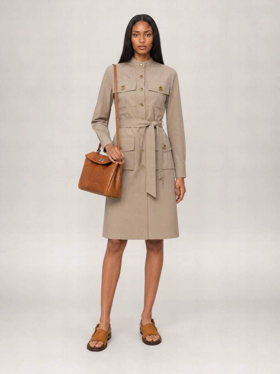 I chose the dress route here so the Givenchy shirt dress can act as a single, clean line against the structured Balenciaga bag, keeping the story focused and quietly utilitarian. Taupe cotton, cognac leather and tan sandals sit in a soft neutral gradient, polished enough for client lunches yet relaxed enough for late-afternoon errands. The result is a modern uniform that feels considered without tipping into logo or button drama, ideal if you like your luxury to whisper rather than shout.
