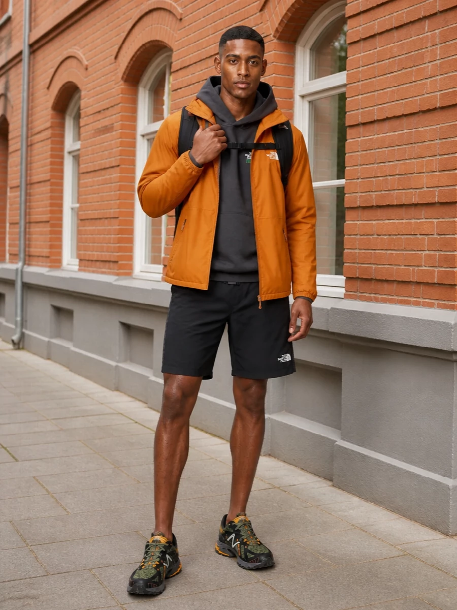 North face orange jacket trail sneaker outfit