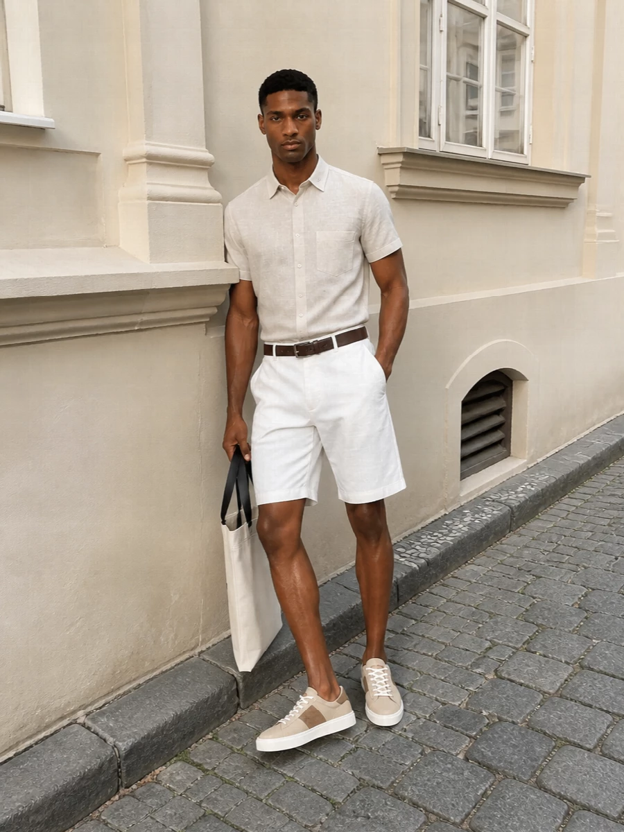 Diesel beige shirt off white shorts sneakers