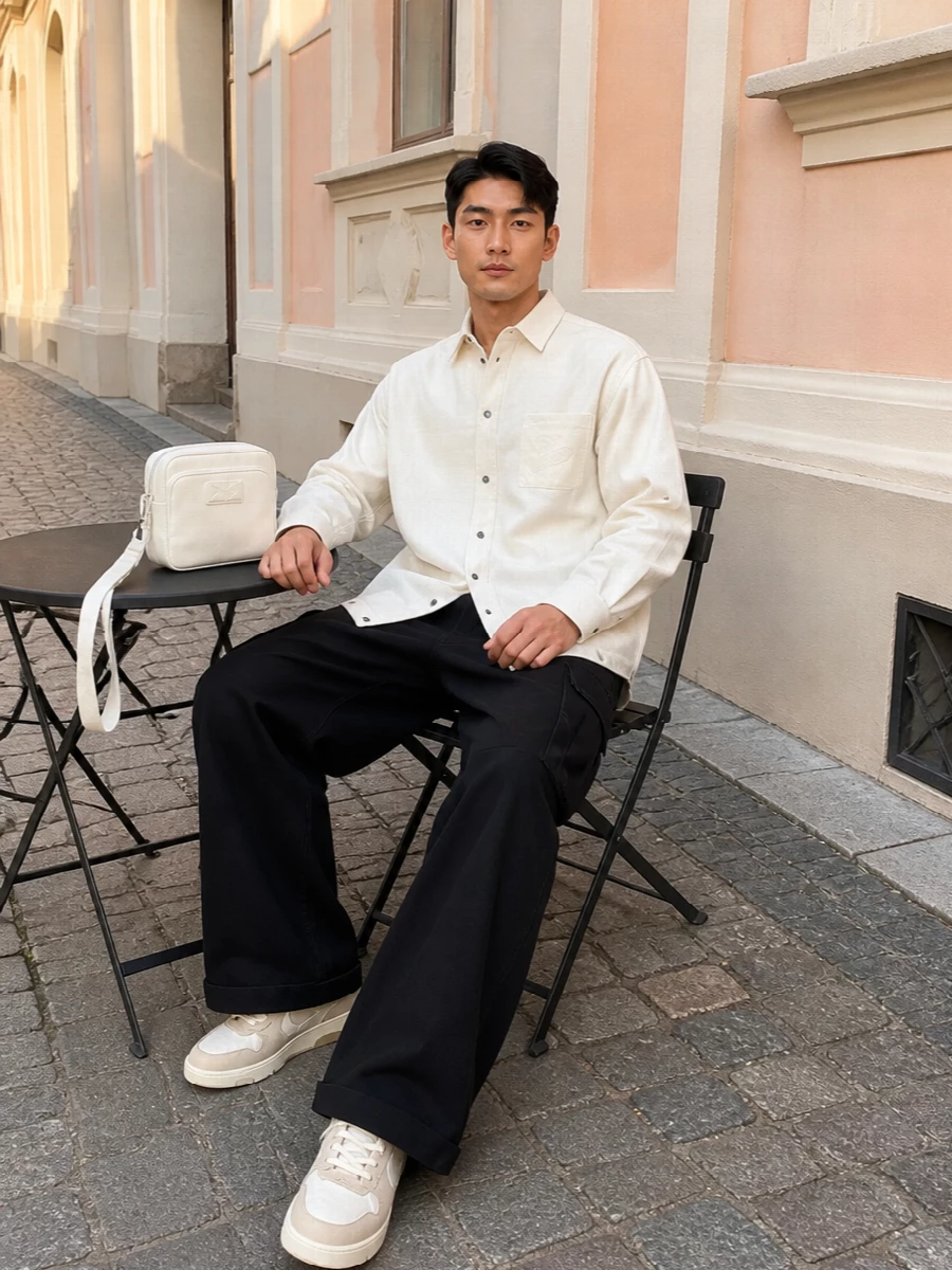Off white shirt black wide leg cargo sneakers