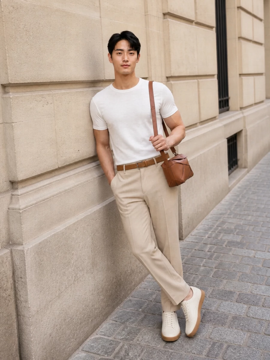 This look builds a quietly refined SS uniform around the Zegna white tee, pairing it with light-beige tailored trousers for a clean, elongated line that feels polished yet easy. Cream leather sneakers keep the palette soft and tonal, while the tan geometric Loewe bag and braided belt introduce a warm, architectural accent that still reads understated and modern. The result is a discreetly luxurious outfit ideal for sunlit city days, gallery visits, or relaxed dinners where you want to look impeccably considered without appearing dressed up.