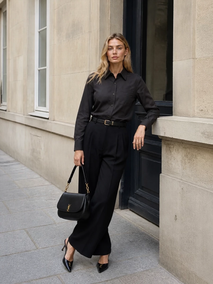 A charcoal Saint Laurent shirt is paired with high-rise black pleated wide-leg trousers for a long, precise silhouette that feels both powerful and effortless. Black slingback pumps and a sculpted black shoulder bag in smooth leather keep the palette deep and refined, while a slim black belt with gold hardware quietly echoes the shirt’s detailing for a perfectly calibrated desk-to-dinner look. The result is a modern, monochrome take on Parisian tailoring that’s sharp without ever feeling severe.