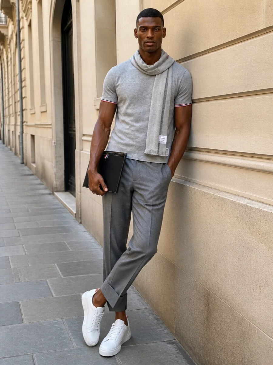 This look takes Thom Browne’s heather-grey tee and pairs it with cropped mid-grey tailored trousers for a disciplined, modern riff on uniform dressing. Soft-white low-top sneakers keep the energy light and SS-appropriate, while the navy zip clutch and stone-grey scarf add subtle structure and texture, reinforcing a quietly polished, preppy attitude. The result is an elevated everyday ensemble that moves effortlessly from city daytime to relaxed dinners without ever feeling overdressed.