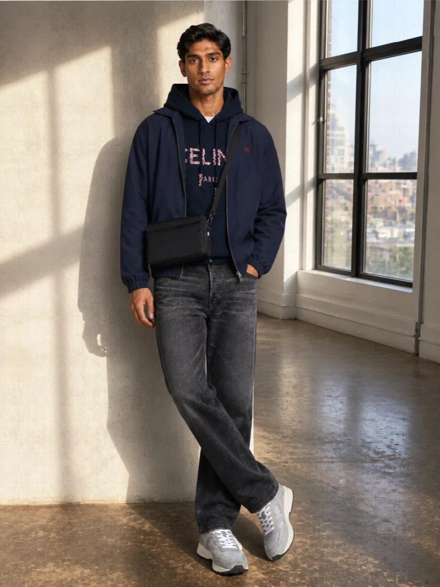 Celine navy hoodie dark jeans streetwear outfit