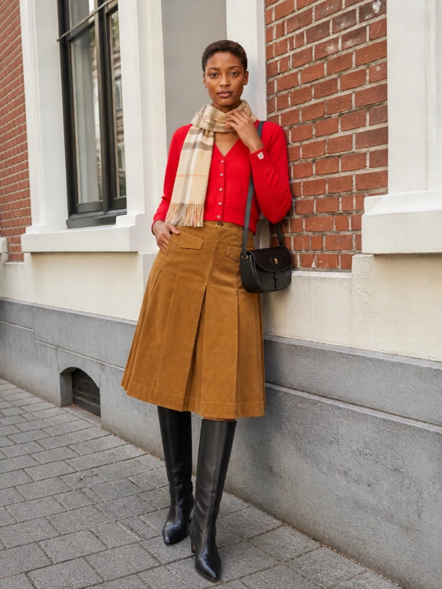 The red Bally cardigan is paired with a camel corduroy midi to hit that sweet spot between collegiate and grown-up, with the high waist neatly meeting the cropped knit. Black knee-high boots and a structured black saddle bag sharpen the palette while keeping it wearable for real city days. A softly checked neutral scarf adds texture and heritage interest without stealing focus from the red.