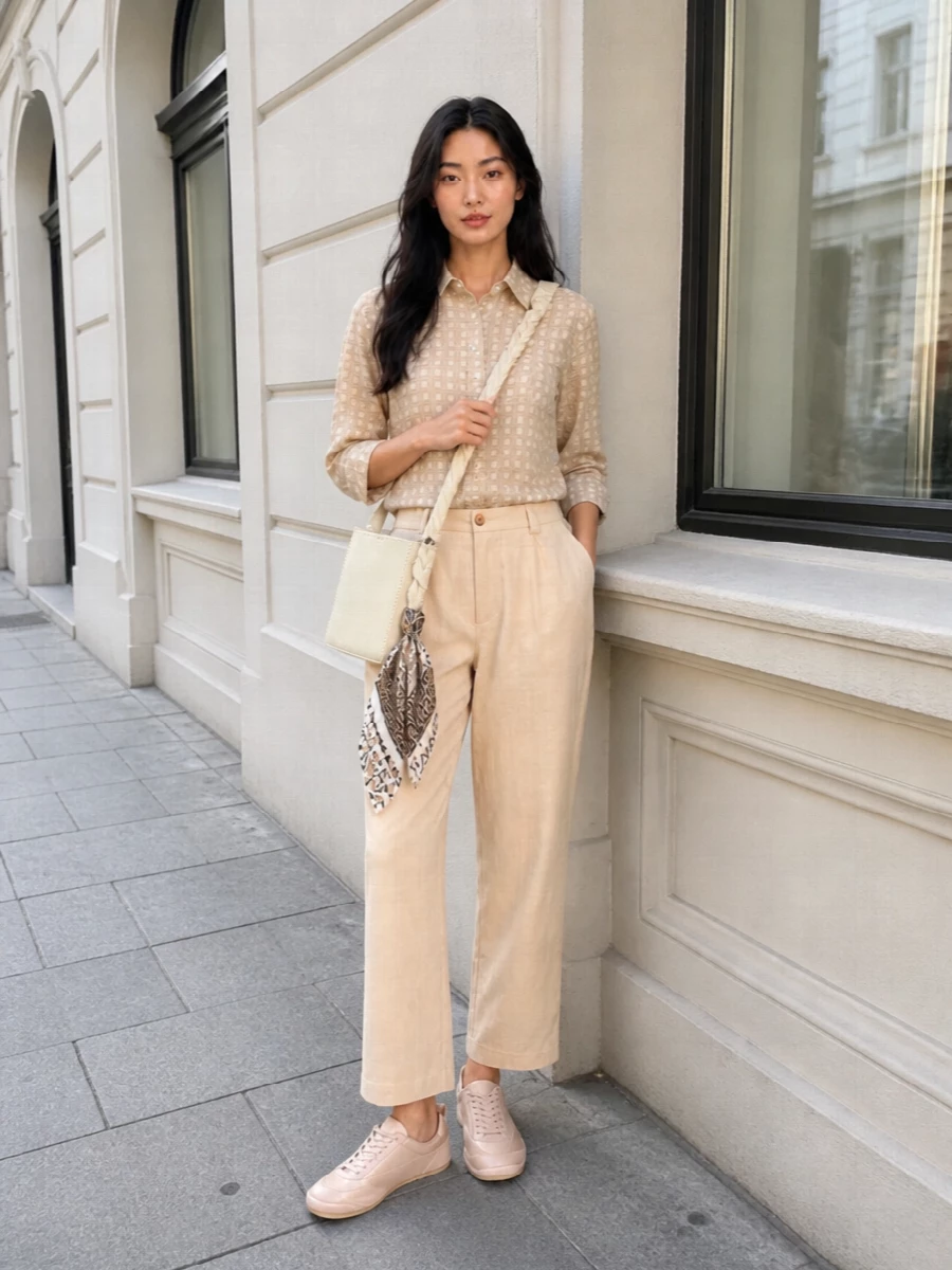 Kenzo geometric shirt beige trousers sneakers