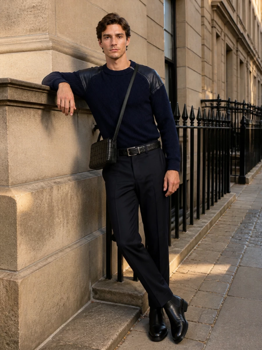 Bottega veneta navy sweater tailored trouser outfit