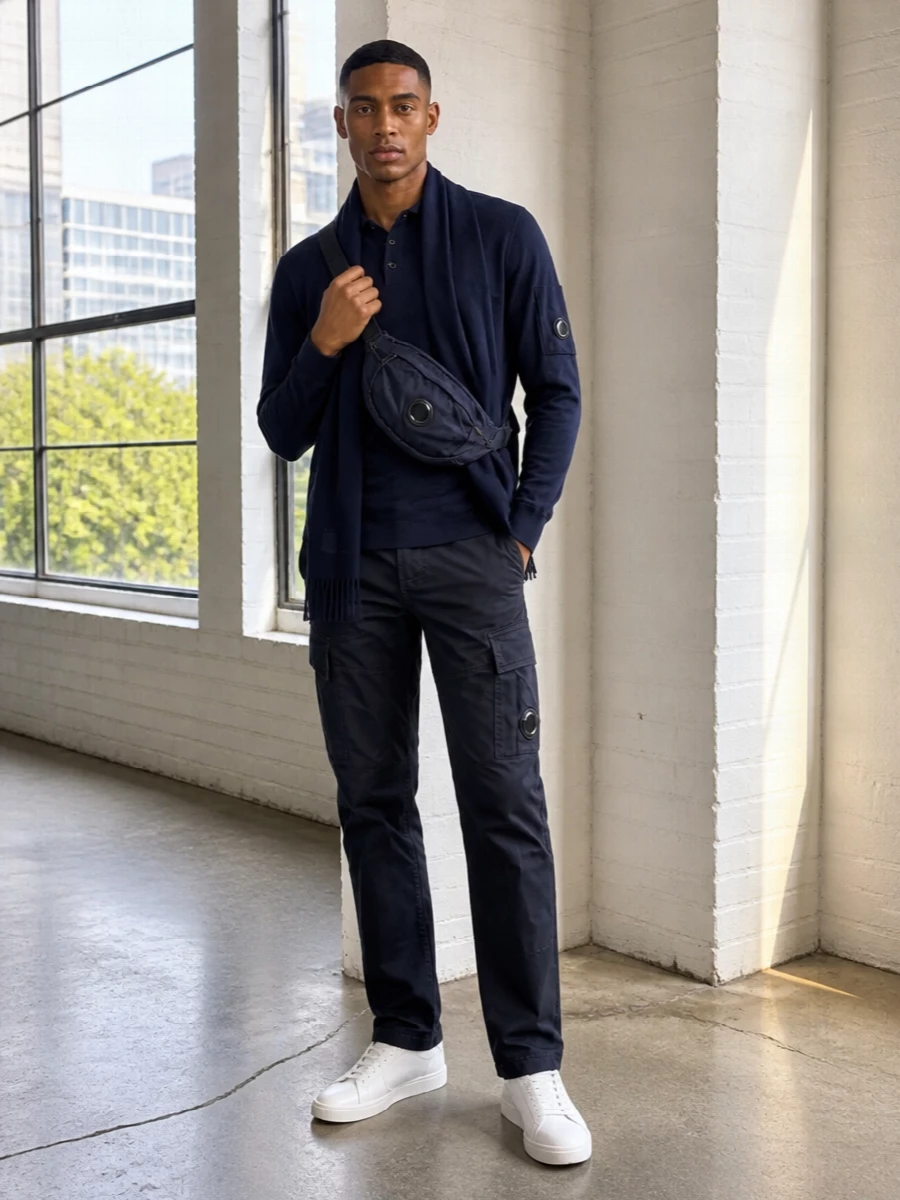 Cp company navy polo cargo trousers white sneakers