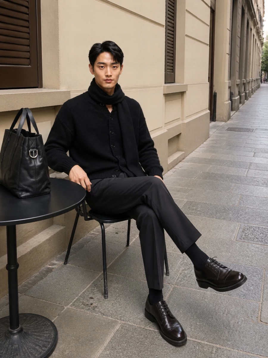 Our legacy cardigan charcoal trousers boots