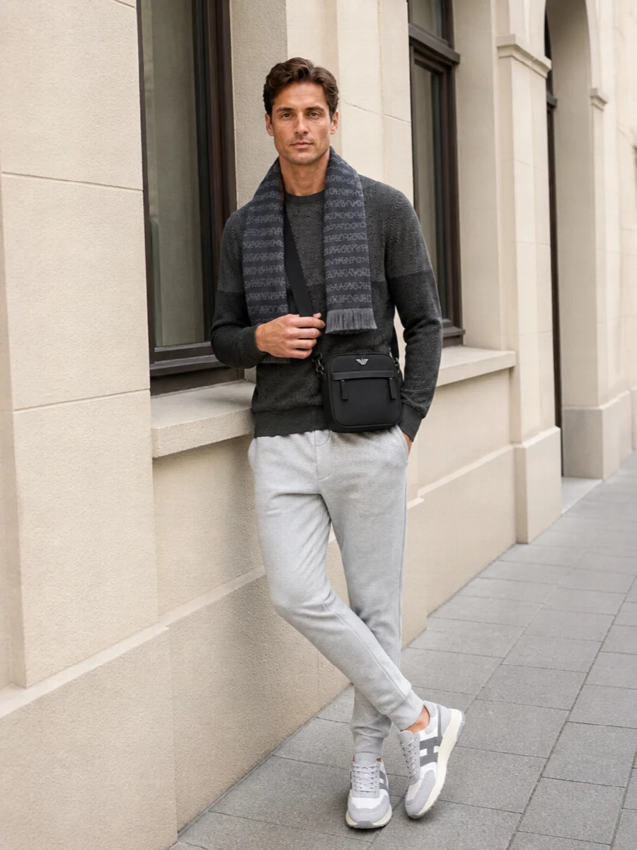 Emporio armani grey joggers knit sneakers outfit