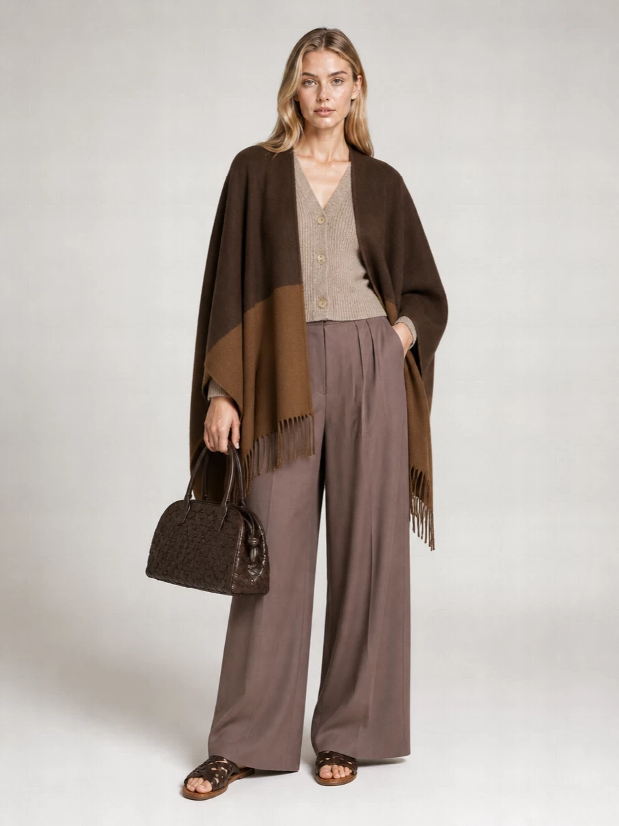 I’m building around the wrap as a cocooning outer layer, so a separate knit and trouser feel more modern and versatile here than introducing a second statement dress. The Row cardigan and Max Mara trouser create a long, fluid column under the Gucci piece, while the woven Miu Miu slides and Jacquemus satchel pick up its earthy, boho-minimal mood. The result is a quietly polished, travel-ready outfit in layered browns that feels luxurious without ever reading busy.
