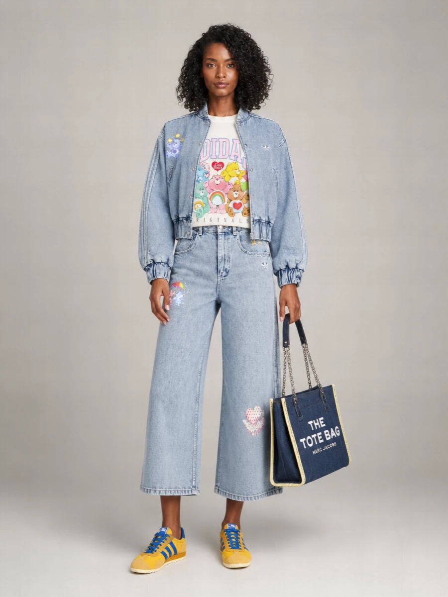 I’m building around the denim bomber as a full graphic set, so jeans rather than a dress keep the cartoon energy and sport DNA front and centre. The matching wide-leg denim anchors the volume, the boxy Care Bears tee adds softness and nostalgia, and the bright runners with the denim tote pull the yellows and blues into a tight, upbeat palette. It feels like weekend city dressing with a quietly collectible twist for someone who really leans into the Adidas universe.