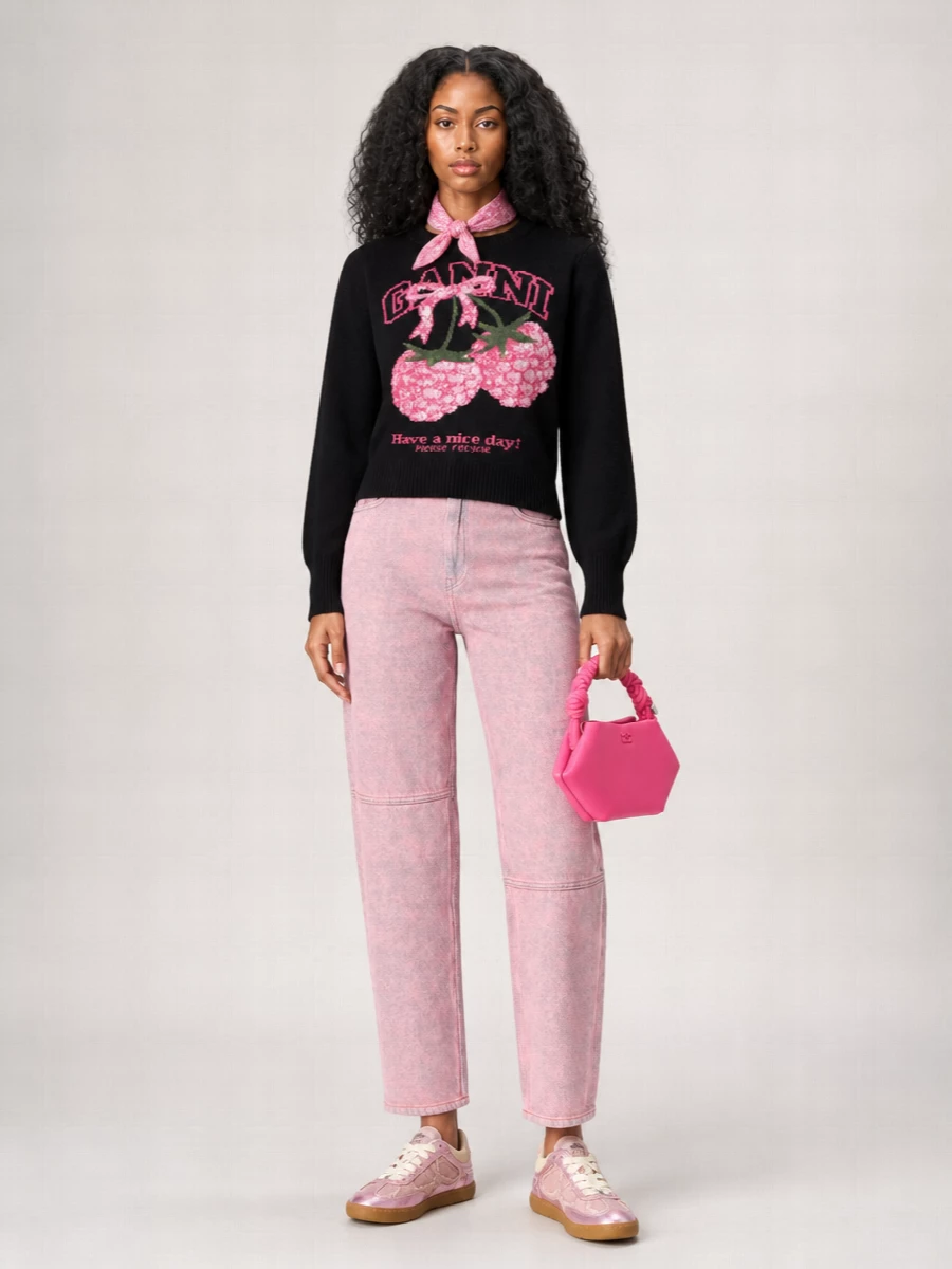 Ganni Wool Graphic-Print Crew-Neck Sweater