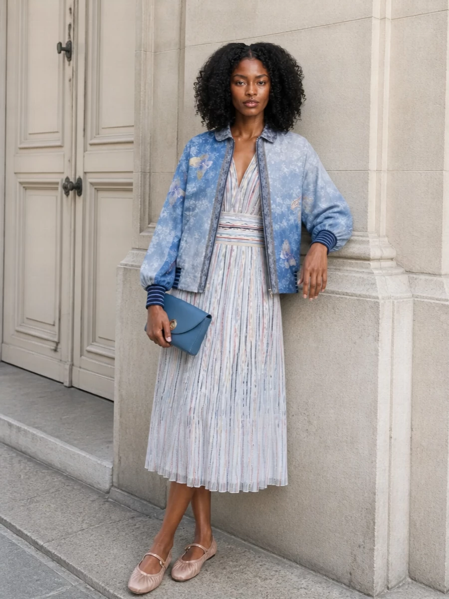 I am styling the bomber with a dress rather than separates so its watercolor florals stay the clear hero over one clean, elongating column. The Missoni midi mirrors the jacket’s soft movement and tonal blues, while the blush ballerinas and blue clutch keep the story romantic yet relaxed for warm days into soft evenings. The result feels poetic and feminine, but grounded enough for real life rather than occasion-only dressing.