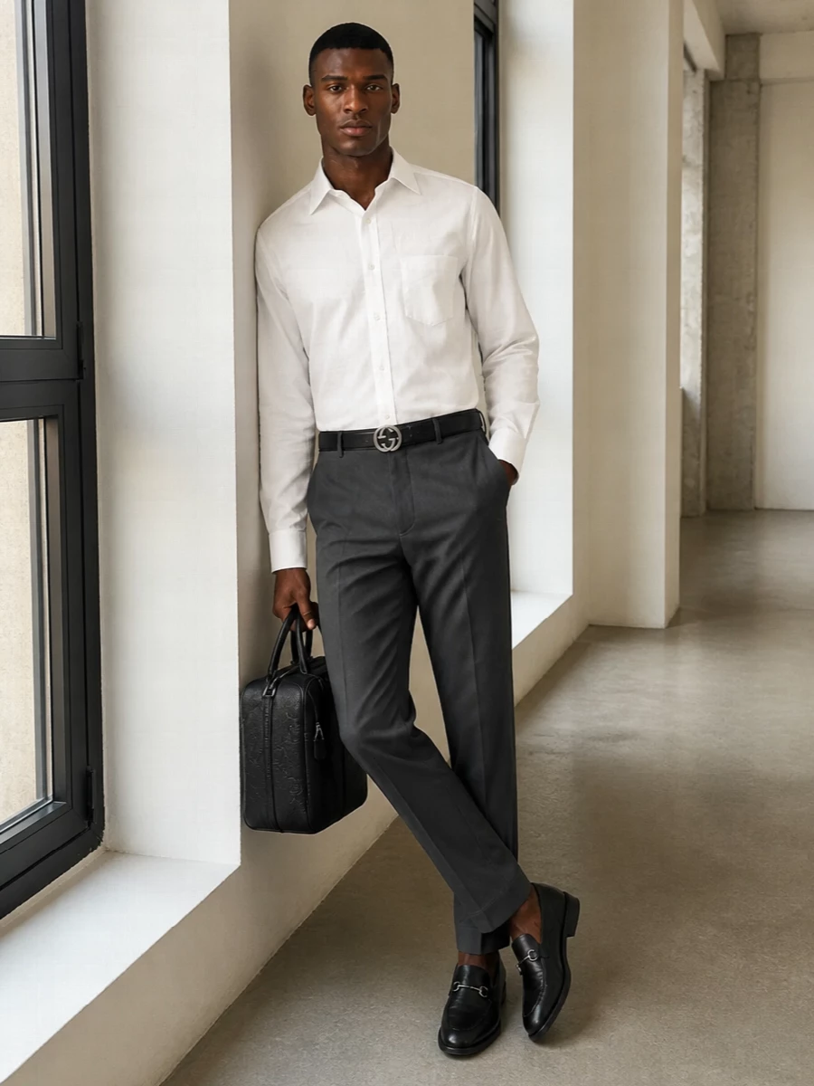 Gucci white shirt charcoal tailored trousers outfit