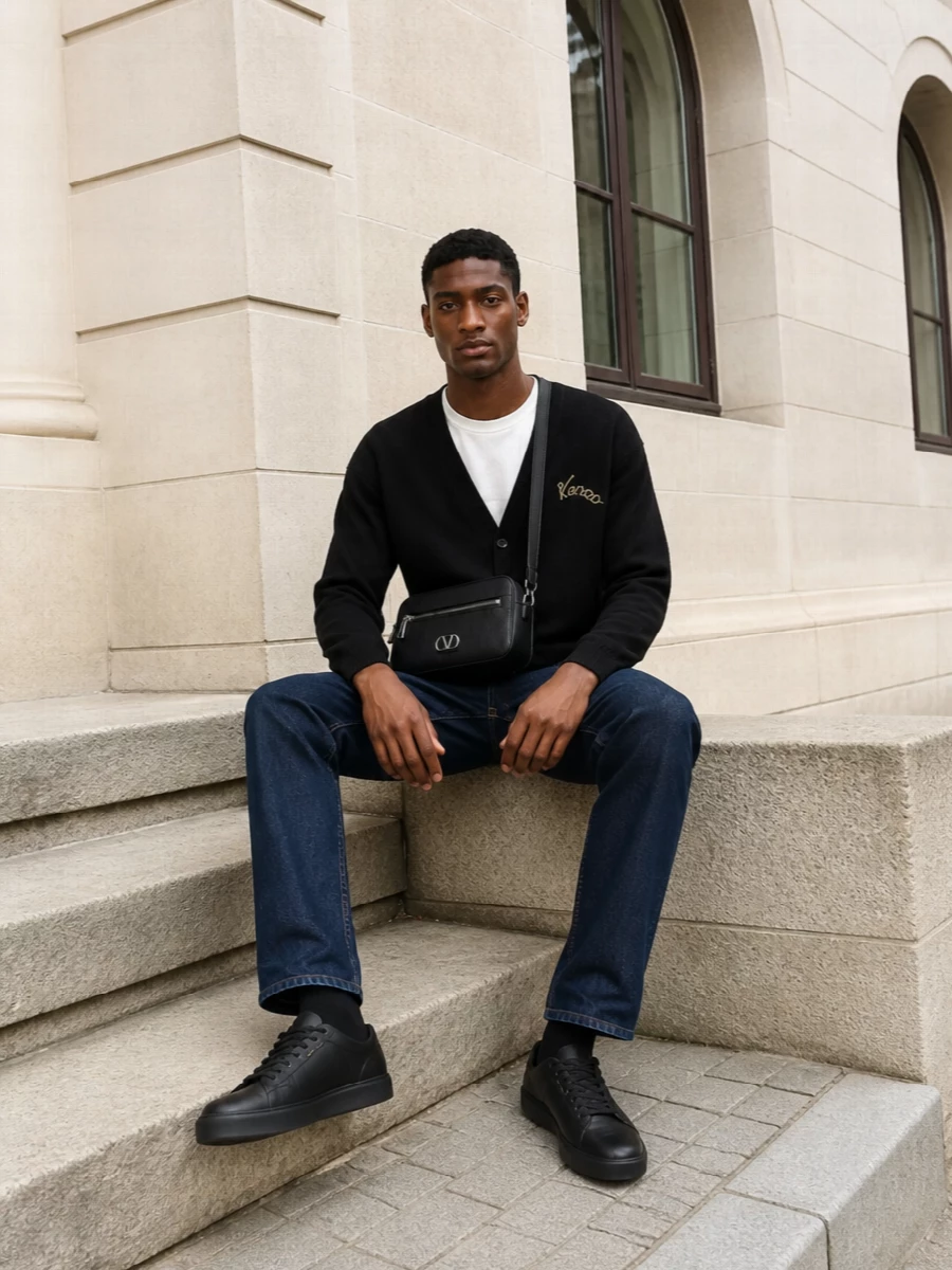 Kenzo cardigan dark jeans black sneakers