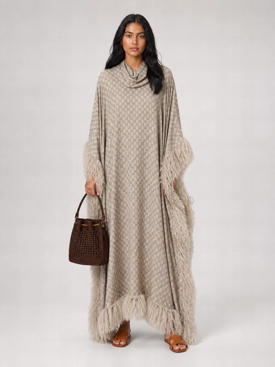 Gucci Silk Printed Feather Trim Long Kaftan Dress