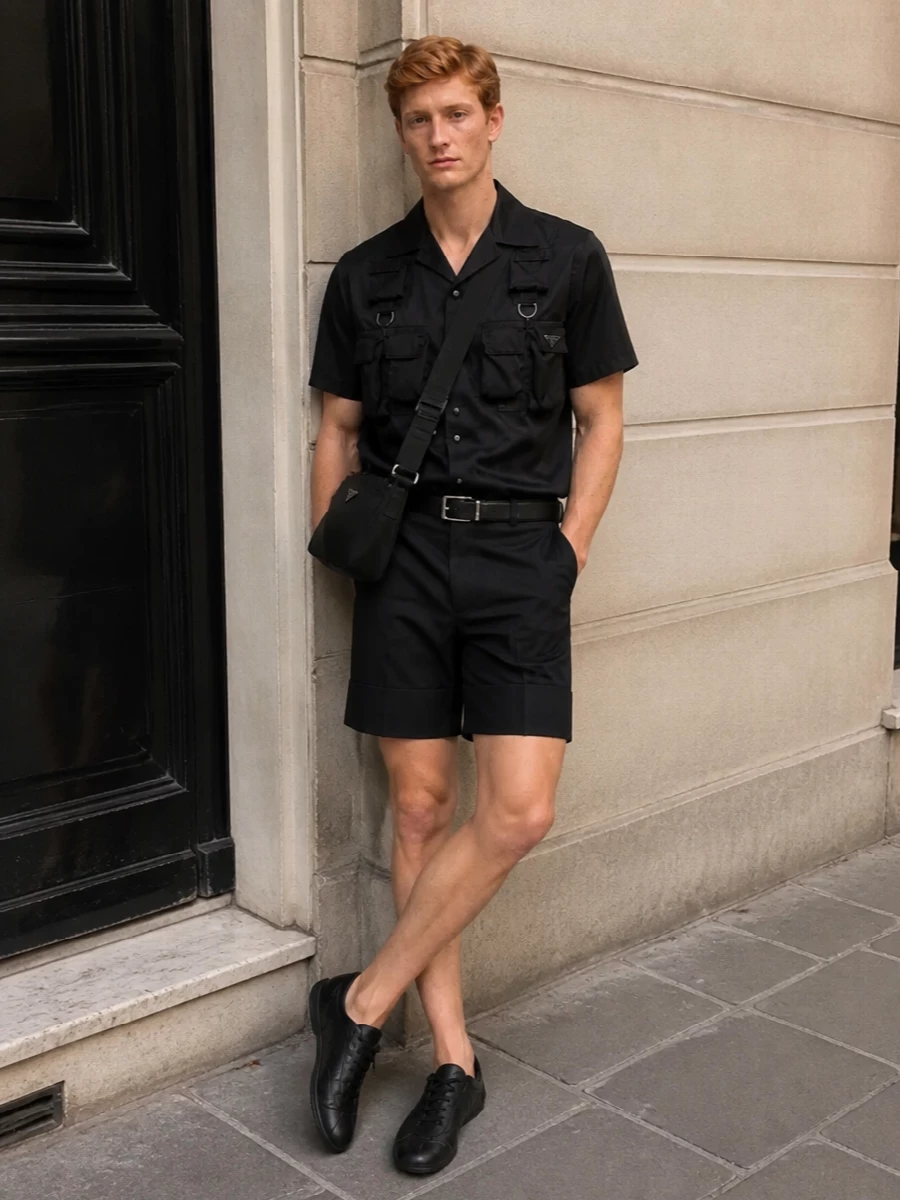 Prada black shirt shorts outfit sneakers