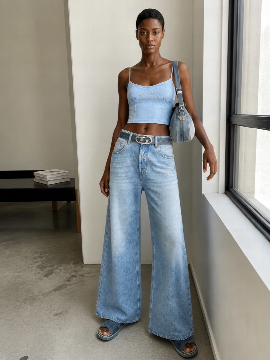 Diesel wide leg jeans cropped cami denim bag
