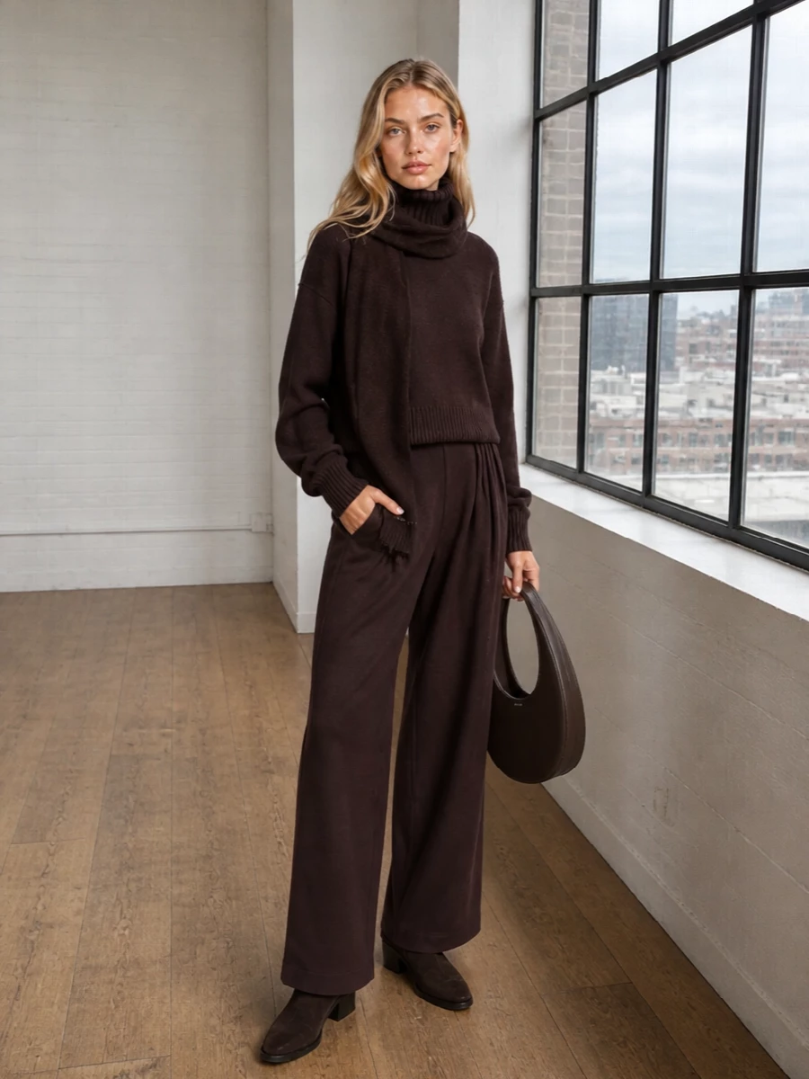 Extreme cashmere turtleneck wide leg knit trousers