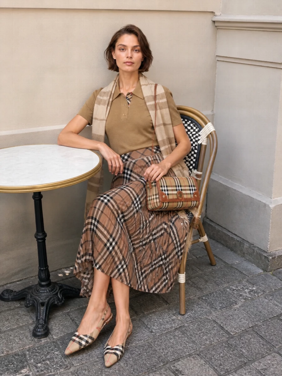 Burberry camel knit polo pleated check midi skirt
