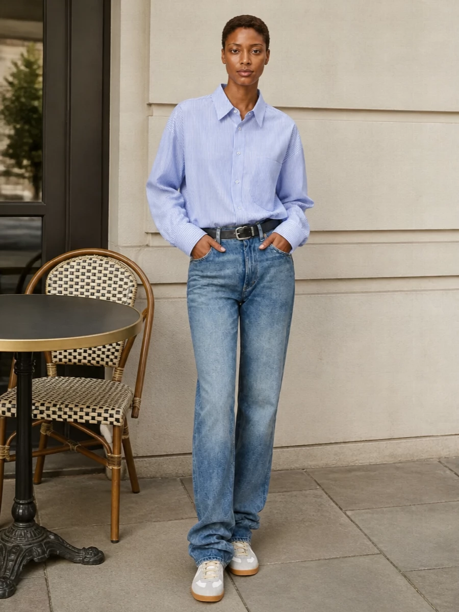 Maison margiela striped shirt jeans sneakers outfit