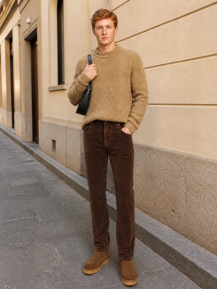 Fendi suede boots camel sweater brown corduroy