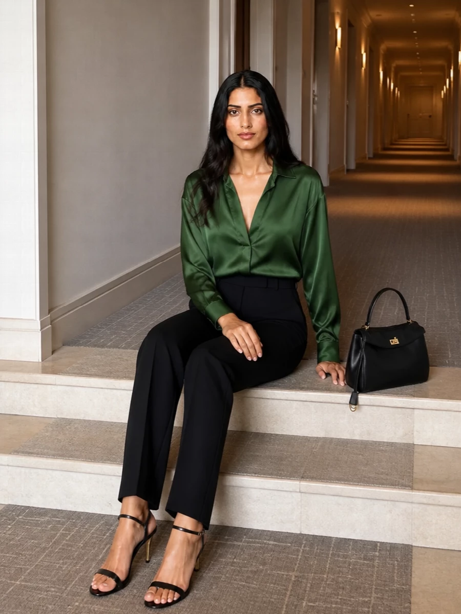 Forest green satin shirt black straight leg trousers