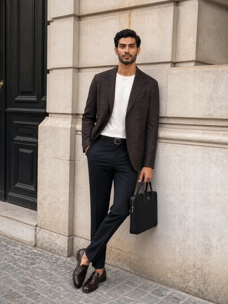 Prada herringbone blazer navy trousers outfit