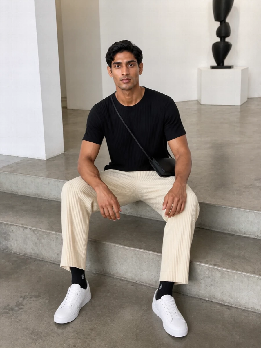 Head-to-toe pleats in black and butter beige create a clean, graphic column that feels relaxed yet precise. White sneakers and a slim black shoulder bag keep it in the realm of quiet, city-minded minimalism rather than strict tailoring. The result is a soft architectural uniform that moves easily from daytime errands to low-key dinners.