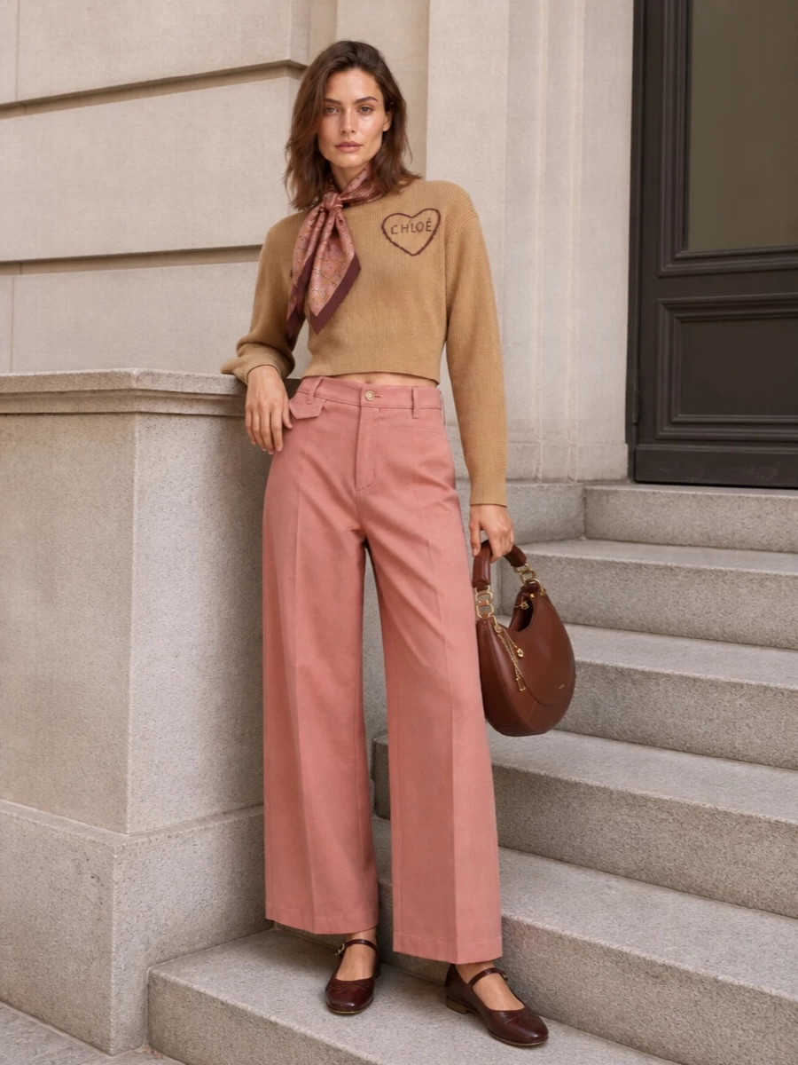 Chloe camel sweater dusty pink trousers outfit
