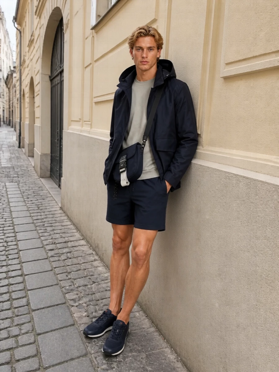 K way navy jacket shorts boss sneakers