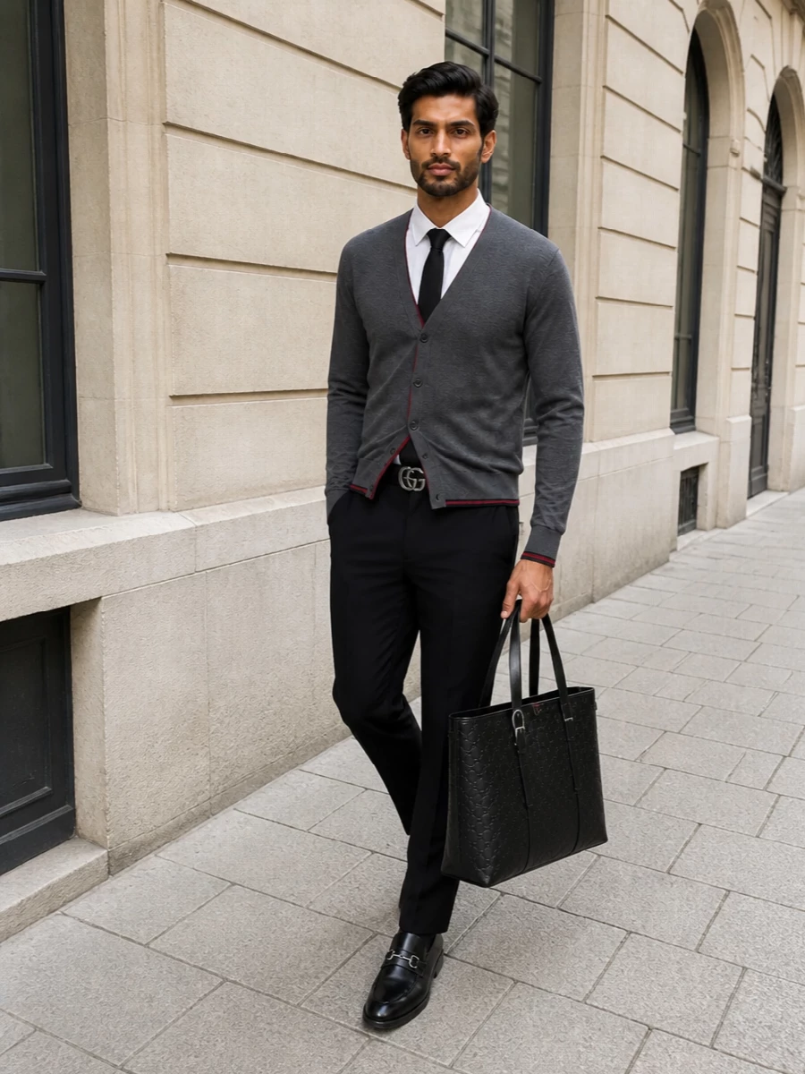 Gucci cardigan black trousers office outfit