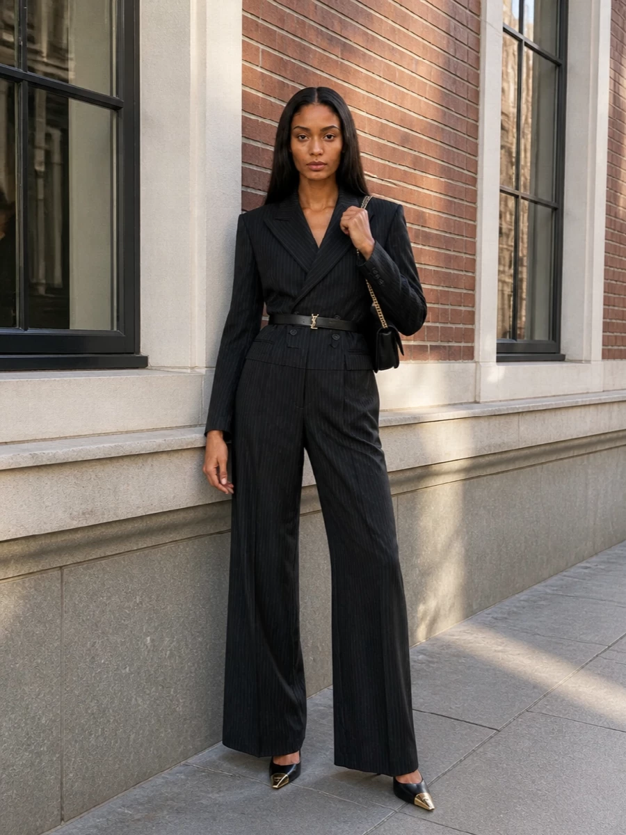 Saint laurent pinstripe pantsuit black slingbacks
