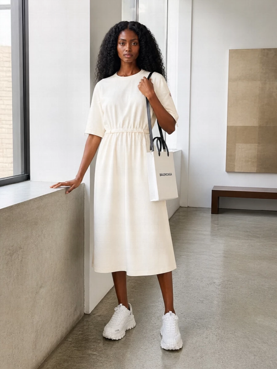 A soft ivory Moncler T-shirt dress with a cinched waist teams perfectly with the tonal chunky sneakers for a clean, sporty silhouette that still reads quietly refined. Choosing the dress route keeps the story streamlined and modern, letting shape and texture do the work instead of breaking the line with separates. The graphic Balenciaga mini tote brings a subtle streetwear hit and definition without disturbing the light neutral base.