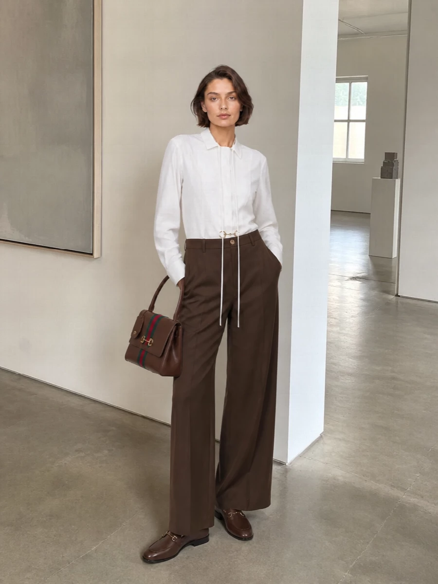 Gucci loafers white shirt brown wide leg trousers