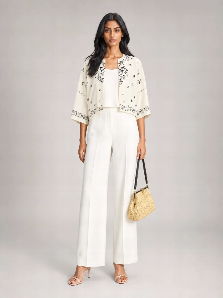 Alberta Ferretti Linen Printed V-Neck Long-Sleeve Shirt