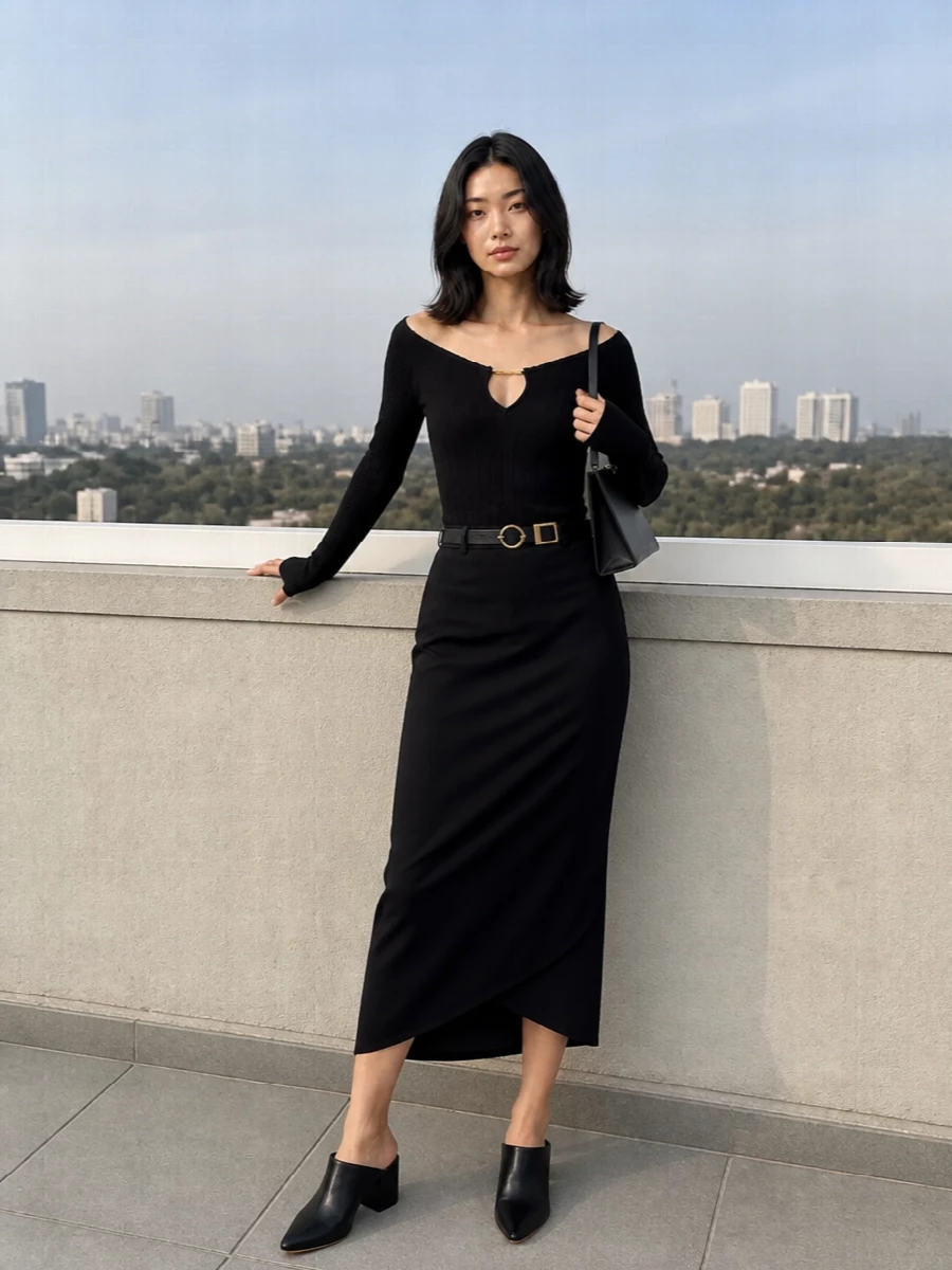 Jacquemus black knit top asymmetric midi skirt outfit