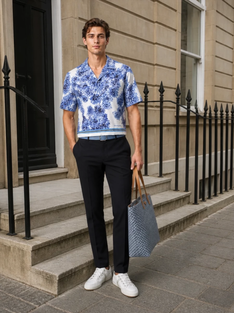 Givenchy floral shirt navy trousers outfit