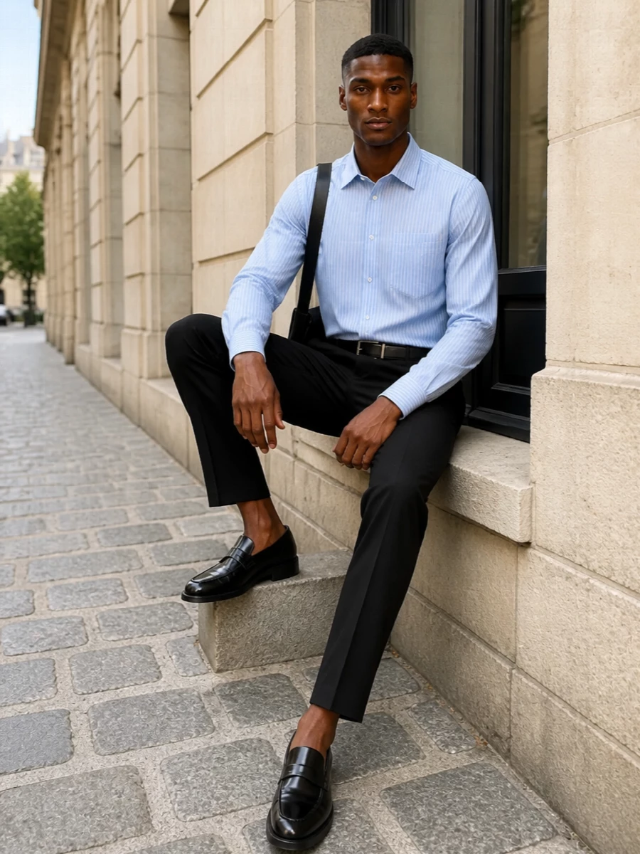 Black tailored trousers and a sky-blue striped shirt create a clear, modern office uniform that still feels light for warmer days. High-shine black loafers keep the line sharp from ankle to hem. A structured leather crossbody and precise belt complete the outfit with quiet, confident polish suitable for meetings and late dinners alike.