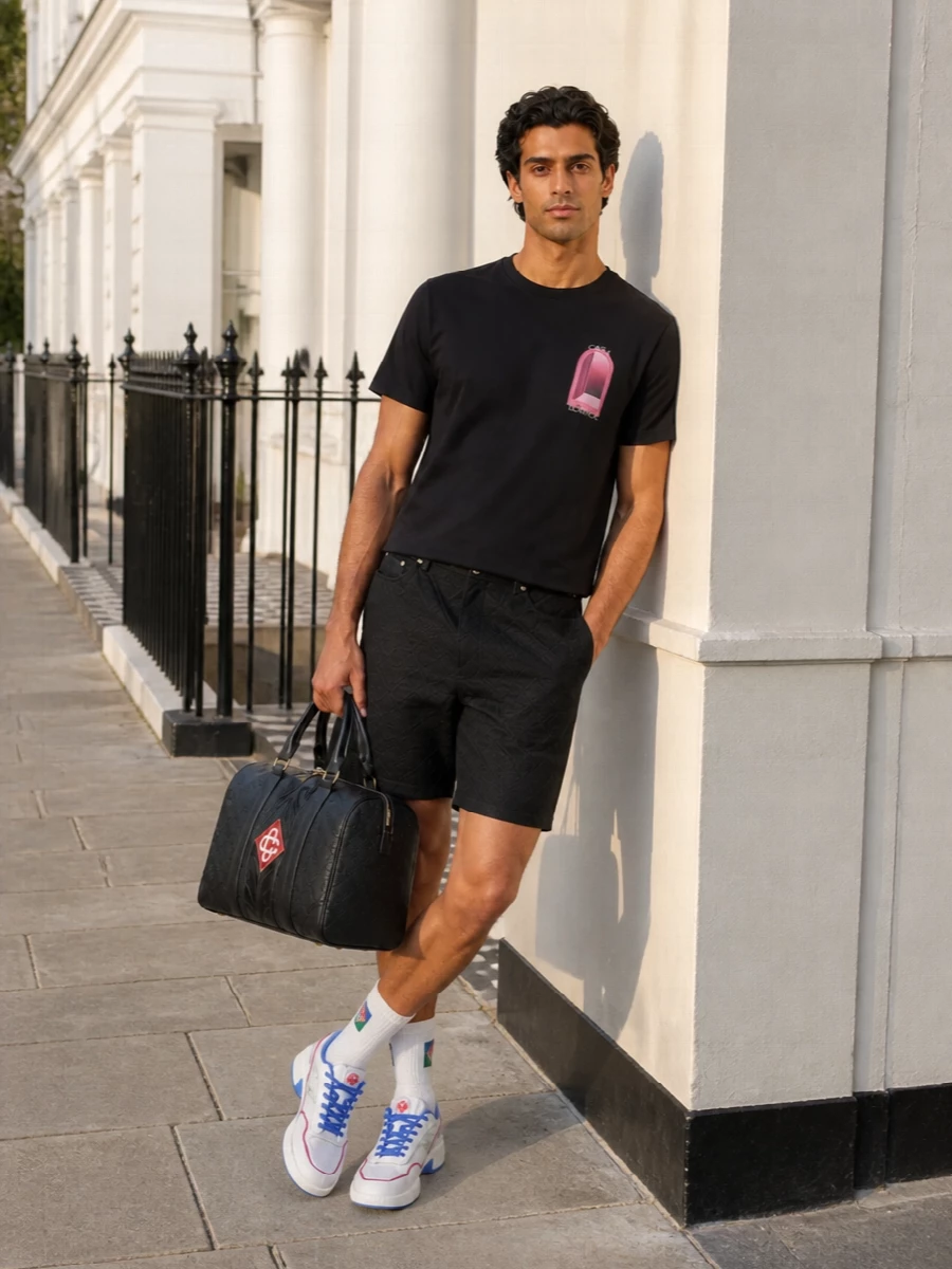 A graphic Casablanca tee meets black jacquard shorts for a clean, monochrome frame that lets the dusty pink print stay in control. White court sneakers and logo socks keep it firmly in the sport-street space, bright but not loud. A structured black duffle finishes it with that precise, travel-ready energy that still feels easy for the city.