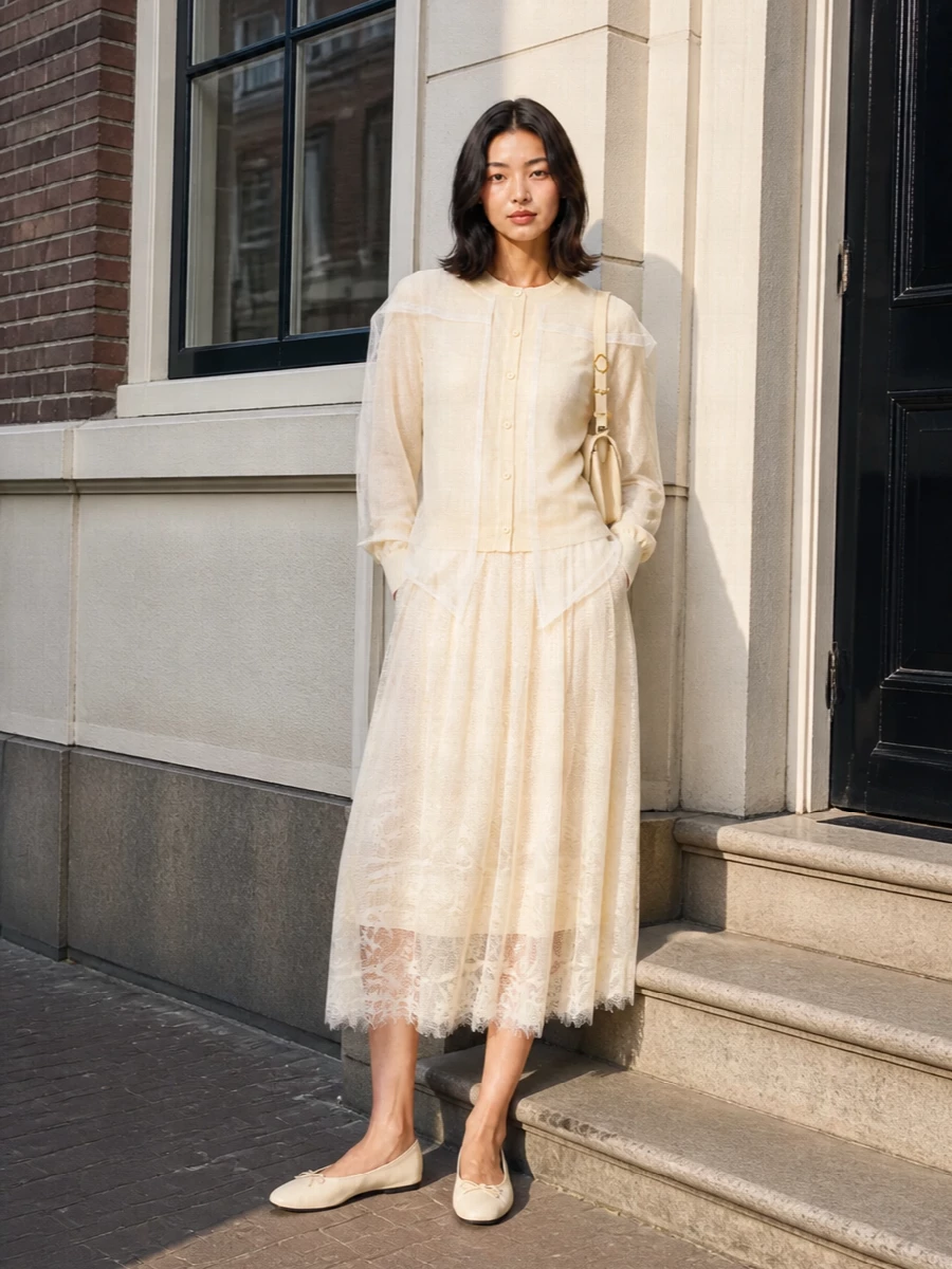 Comme des garcons cardigan buttercream lace midi outfit
