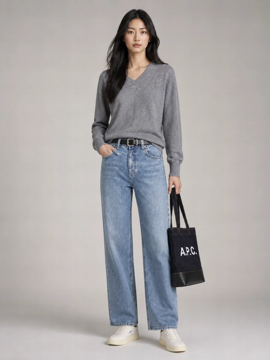 High-rise wide-leg denim and a cropped heather grey knit set an easy, low-contrast base that feels relaxed but considered. Creamy vintage-inspired sneakers keep the silhouette grounded and practical, while a structured dark indigo tote and simple black belt sharpen the mood just enough for everyday city errands or casual office days.