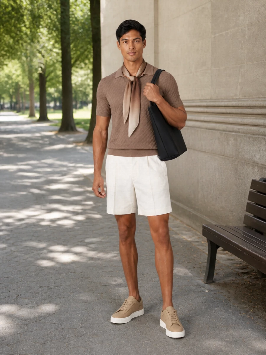 Emporio armani taupe polo ivory tailored shorts