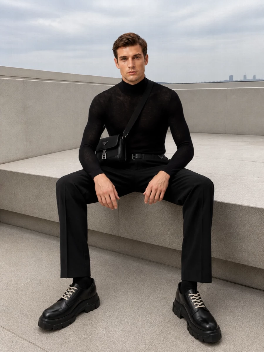 Rick owens black tailored trousers turtleneck outfit