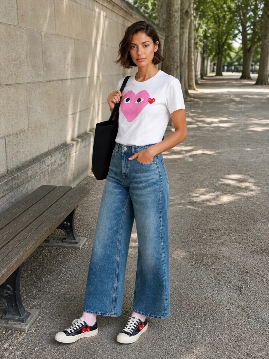 A graphic heart tee meets long, relaxed Ami denim for a clean, city-ready take on playful streetwear. Black Play sneakers and a bold A.P.C. tote keep the palette sharp while the pastel sport sock adds a small, unexpected flash of color. The result is casual and confident, with the hearts and logos talking to each other without feeling overdone.
